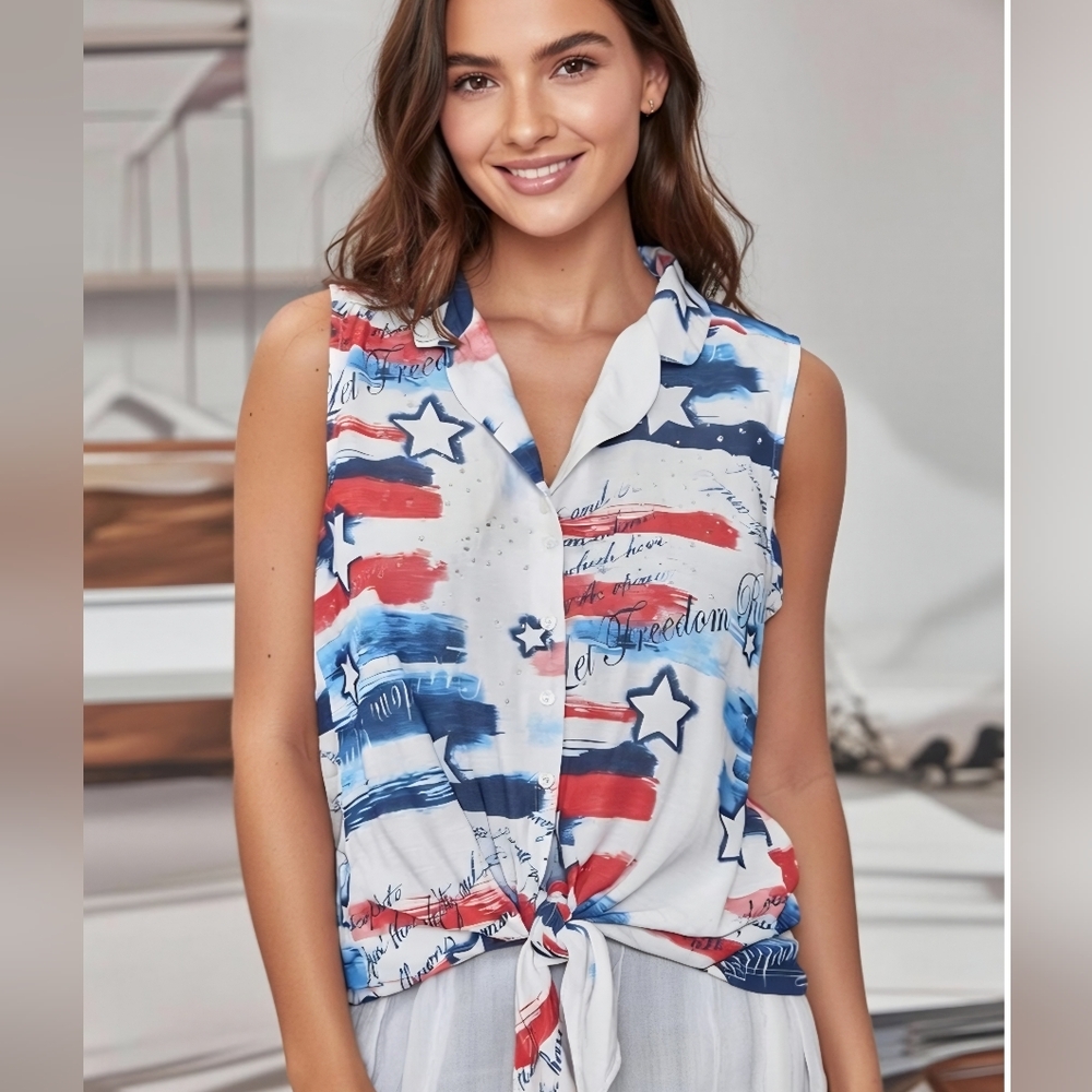 Patriotic Button Down Sleevless Shirt With Collar